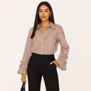 HARSHMAN Selina Shirt Red Stripes Long Sleeve Ruffle 100% Cotton Medium NEW